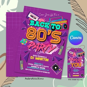 Faire-part d'anniversaire 80's modifiable, faire-part de fête des années 80, faire-part des années 80, faire-part d'anniversaire des années 80 avec toile