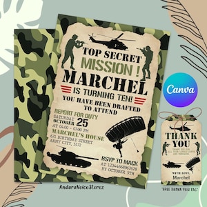 Army Birthday Invitation, Military Party Invitations, Soldier Birthday Invitation, Military Invite, Editable Canva Template