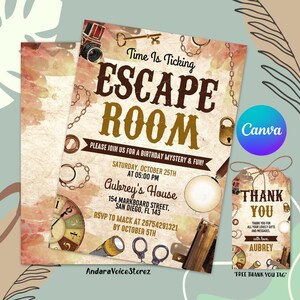 Bearbeitbare Escape Room-Geburtstags-Einladung, Escape Room-Party einladen, Escape Room-Party für Mädchen und Jungen, mysteriöse Geburtstagseinladung mit CANVA