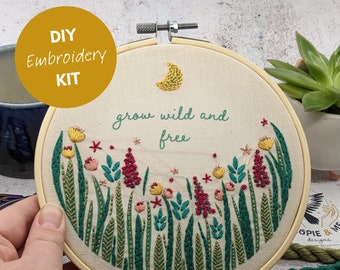 DIY wildflower embroidery hoop kit/green printed floral/cotton canvas/6” hoop creative stitch kit/mindful crafting/suitable for beginners