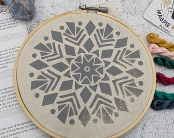 Hoop embroidery kit. Mandala snowflake grey screen printed design on natural cotton canvas. 6”