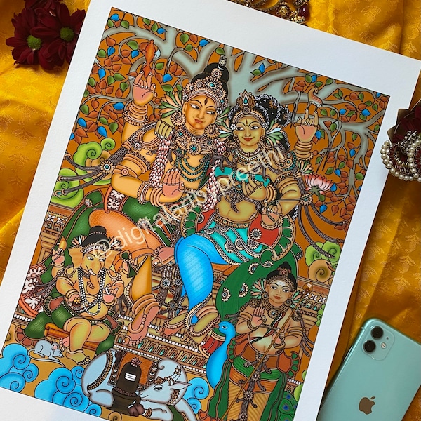 Kerala Wandbild - Shiva, Parvati, Ganesh und Karthikeya