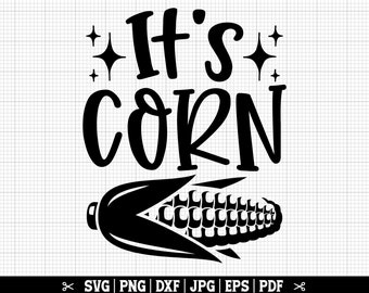 May include: Black and white graphic design with the text "It's Corn" and a stylized image of an ear of corn.