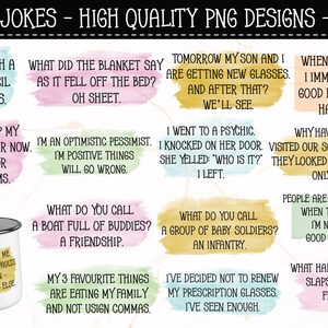 May include: A digital download of 36 dad jokes, each with a different humorous saying. The jokes are displayed on colorful backgrounds with a watercolor effect. The text is in black and white. The image also includes a mug with a dad joke printed on it.