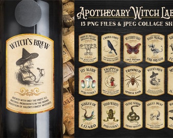 May include: A set of 15 printable witch apothecary labels featuring illustrations of various magical ingredients and creatures. The labels are designed in a vintage style with a brown background and white text. The labels include names like "Crow's Foot", "Toad Warts", and "Witch's Brew".