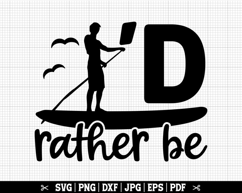 K&ouml;nnte beinhalten: Schwarze und wei&szlig;e Silhouette einer Person beim Paddelsurfen mit dem Text 'I'd rather be' darunter. Das 'D' in 'I'd' ist ein gro&szlig;er Buchstabe und das Paddleboard ist wie ein Surfbrett geformt.
