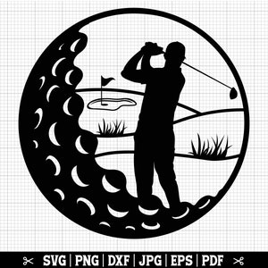 Puede incluir: Silueta en blanco y negro de un golfista balanceando un palo en un campo de golf. El golfista est&aacute; de pie en un green con un bunker de arena detr&aacute;s de &eacute;l. La imagen est&aacute; en un c&iacute;rculo con un patr&oacute;n de bola de golf alrededor del borde.