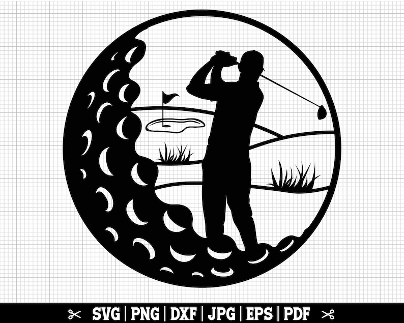 Puede incluir: Silueta en blanco y negro de un golfista balanceando un palo en un campo de golf. El golfista est&aacute; de pie en un green con un bunker de arena detr&aacute;s de &eacute;l. La imagen est&aacute; en un c&iacute;rculo con un patr&oacute;n de bola de golf alrededor del borde.