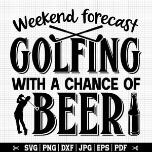 Puede incluir: Dise&ntilde;o gr&aacute;fico en blanco y negro con el texto "Pron&oacute;stico del fin de semana golf con una posibilidad de cerveza". El gr&aacute;fico incluye un golfista balanceando un palo y una botella de cerveza.