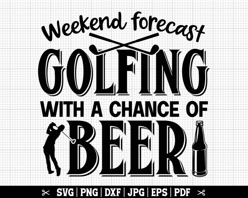 Puede incluir: Dise&ntilde;o gr&aacute;fico en blanco y negro con el texto "Pron&oacute;stico del fin de semana golf con una posibilidad de cerveza". El gr&aacute;fico incluye un golfista balanceando un palo y una botella de cerveza.