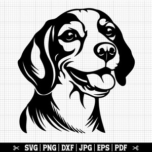 Puede incluir: Ilustración en blanco y negro de un perro Beagle con la lengua fuera. El perro tiene orejas caídas y una expresión feliz.