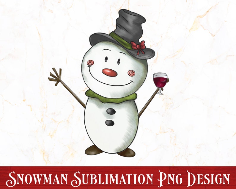 Pode incluir: Um boneco de neve de desenho animado com um chap&eacute;u-coco preto, um la&ccedil;o vermelho e uma echarpe verde est&aacute; segurando uma ta&ccedil;a de vinho tinto. O boneco de neve est&aacute; sorrindo e tem dois bot&otilde;es pretos no corpo.