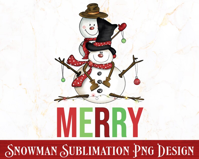Pode incluir: Uma ilustra&ccedil;&atilde;o digital de dois bonecos de neve com cachec&oacute;is de bolinhas vermelhas e brancas, chap&eacute;us pretos e luvas marrons. Os bonecos de neve est&atilde;o segurando galhos com enfeites. A palavra "MERRY" est&aacute; escrita em letras vermelhas e verdes abaixo dos bonecos de neve. Design PNG de sublima&ccedil;&atilde;o de boneco de neve.