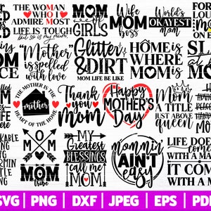 May include: A collection of 16 black and red graphic designs with text about mothers. The text includes phrases like "Mom of Girls", "Mom Life Be Like", "Mom Tribe", "Mommin' Ain't Easy", and "Happy Mother's Day".