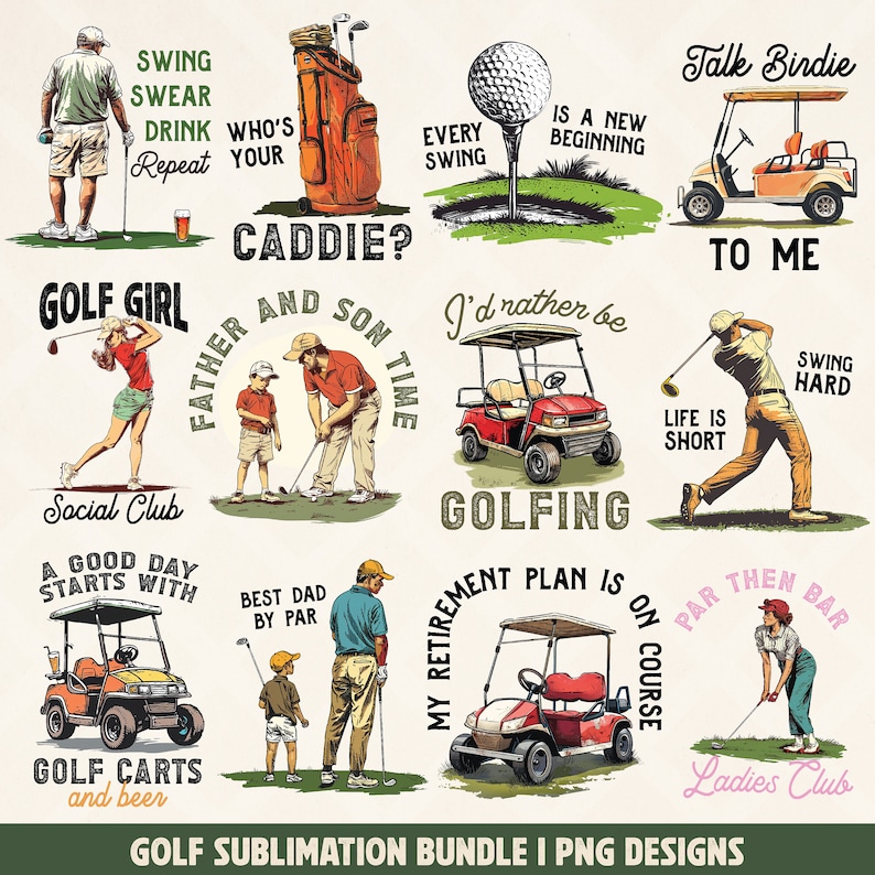 May include: A collection of golf-themed illustrations with text. Images include golf carts, golfers, golf balls, and phrases like "Swing Hard" and "Golf Girl." The designs are suitable for sublimation and PNG projects.