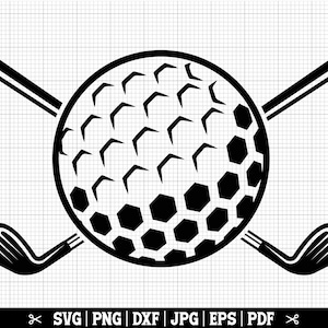 Puede incluir: Silueta en blanco y negro de una bola de golf con dos palos de golf cruzados detr&aacute;s.