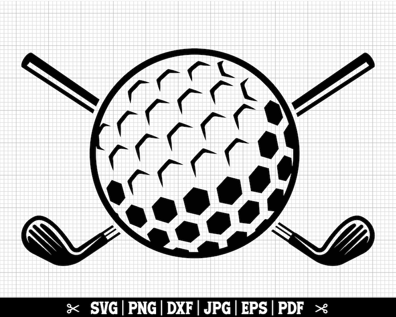 Puede incluir: Silueta en blanco y negro de una bola de golf con dos palos de golf cruzados detr&aacute;s.