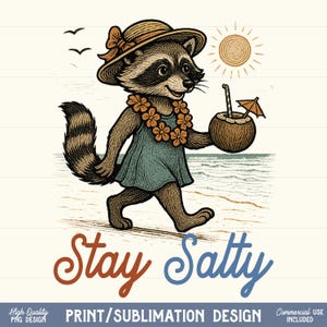 Rester salé raton laveur plage PNG sublimation conception graphique animal drôle d'été pour t-shirts vintage côtier des cliparts téléchargement numérique art