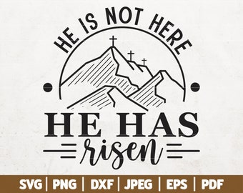 May include: Black and white graphic design with the text "He is not here, He has risen" and a stylized image of three crosses on a mountain range.