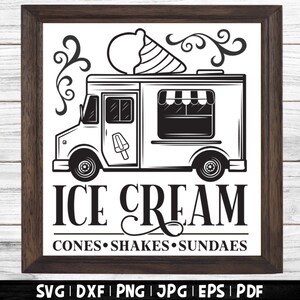 May include: Black and white illustration of an ice cream truck with a scoop of ice cream on top. The truck has a sign that says "ICE CREAM CONES SHAKES SUNDAES".