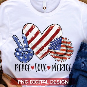 Peace Love Merica PNG 昇華 | 7 月 4 日昇華 | Peace Love Merica 昇華および印刷用 DTG 転写 | PNG デザイン