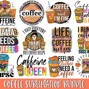 Paquete de sublimación de café / Paquete de café PNG / Diseños divertidos de Coffee Mom para sublimación e impresión / Paquete de estampado de leopardo colorido de cafeína