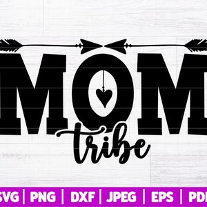 May include: Black and white graphic design with the text "MOM tribe" and a heart hanging from the "O".