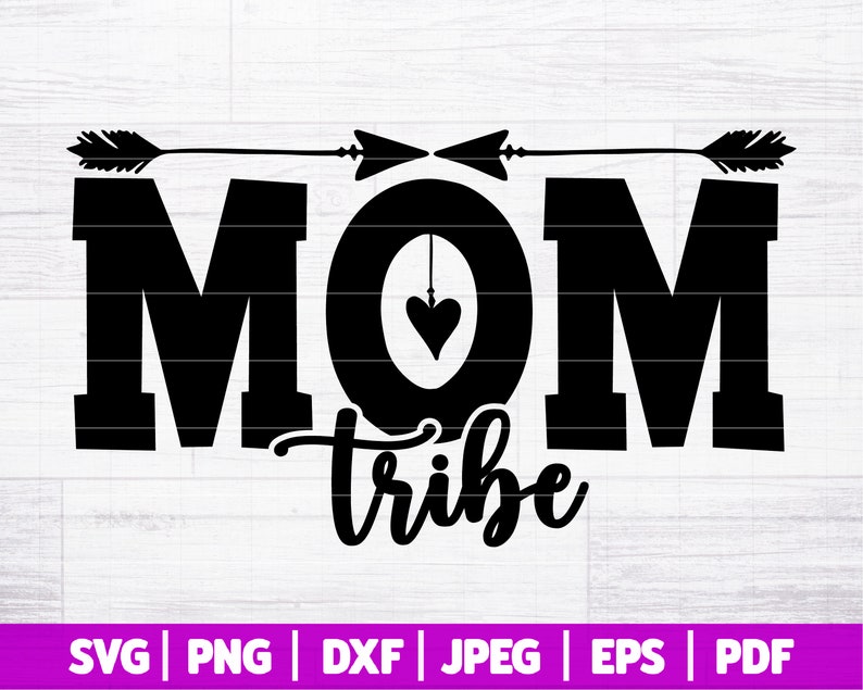 May include: Black and white graphic design with the text "MOM tribe" and a heart hanging from the "O".