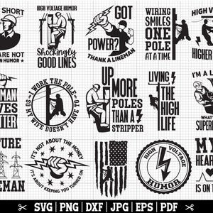 Könnte beinhalten: Eine Sammlung von Schwarz-Weiß-Grafiken mit Themen für Elektriker. Die Bilder enthalten Texte wie "Life is Short", "High Voltage Humor" und "Lineman Lives Matter". Die Designs beinhalten Blitze, Stromleitungen und Silhouetten von Elektrikern.