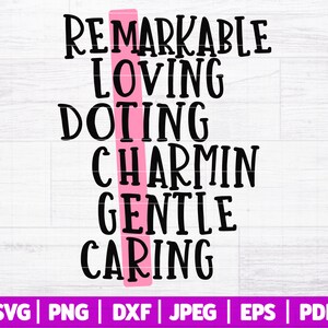 May include: A pink vertical line with the words "remarkable", "loving", "doting", "charmin", "gentle", and "caring" stacked vertically in black text.