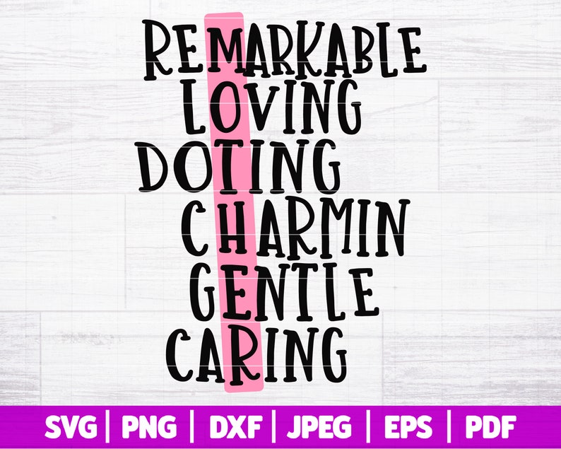 May include: A pink vertical line with the words "remarkable", "loving", "doting", "charmin", "gentle", and "caring" stacked vertically in black text.