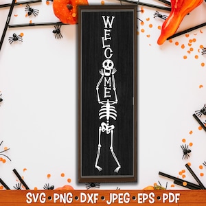 Placa de esqueleto de boas-vindas na varanda | Placa de Halloween na varanda | SVG de Halloween | Placa vertical de Halloween | Placa de boas-vindas de casa mal-assombrada | SVG de esqueleto