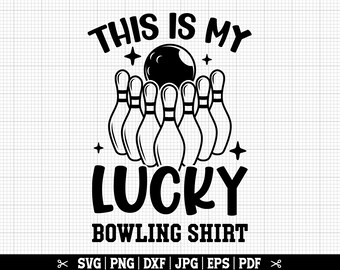 May include: Black and white graphic design with the text "This is my lucky bowling shirt". The design features a bowling ball and five bowling pins.