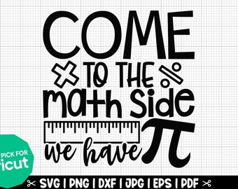 Op de afbeelding: Zwart-wit grafisch ontwerp met de tekst "Come to the math side we have pi" met een liniaal en een pi-symbool.