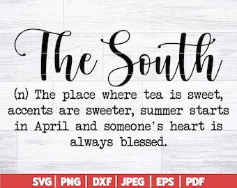 May include: Black and white graphic with the words "The South" in a decorative font. Below, a definition describes the South's sweet tea, accents, April summers, and blessed hearts. Includes file type icons.