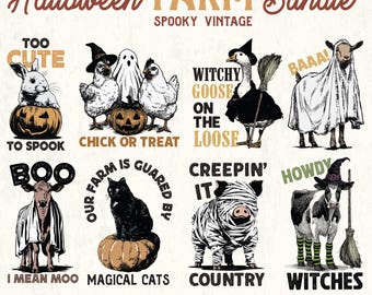 May include: A Halloween-themed digital art bundle featuring spooky farm animals. Includes a rabbit on a pumpkin, chickens, a ghost, a goose, a goat, a cow, a black cat, and a pig, each in a Halloween costume. Text includes "Halloween Farm Bundle".