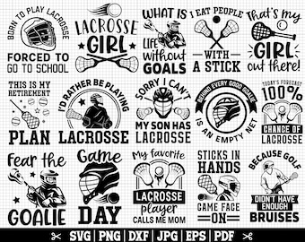 Puede incluir: Diseños gráficos en blanco y negro con texto sobre lacrosse. Algunos diseños incluyen un palo de lacrosse, una pelota y una máscara de portero. El texto incluye frases como "Nacido para jugar al lacrosse", "Teme al juego", "Chica de lacrosse" y "Mi hijo tiene lacrosse".