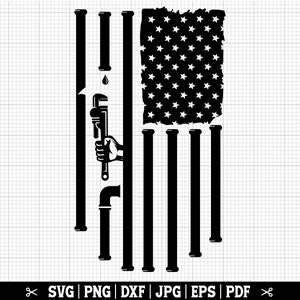 May include: Black and white illustration of a wrench and pipes in front of an American flag. The pipes are arranged to look like the stripes of the flag.