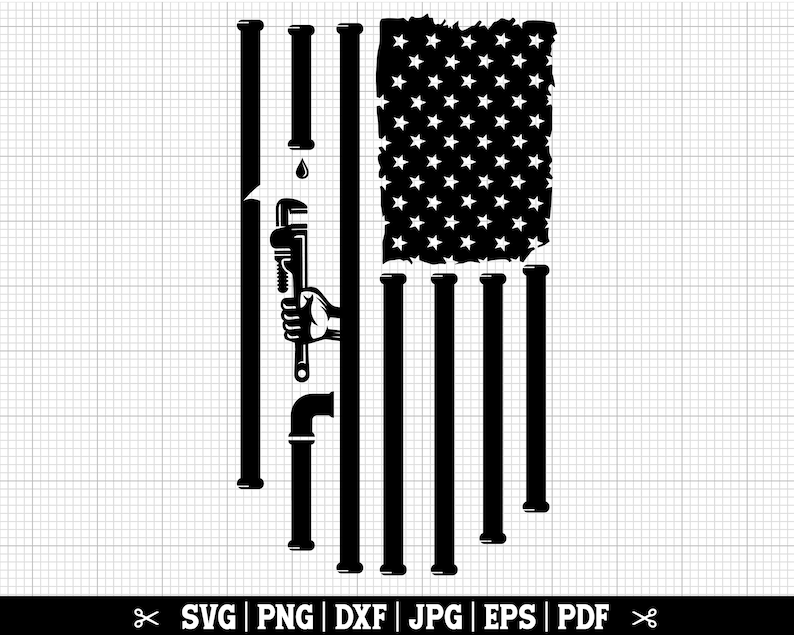 May include: Black and white illustration of a wrench and pipes in front of an American flag. The pipes are arranged to look like the stripes of the flag.