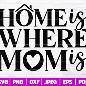 May include: Black and white graphic text design with a house icon, a heart, and the text "HOME is WHERE MOM is".