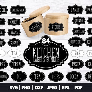 May include: A set of 84 black and white kitchen labels with a variety of food and drink names. The labels are in a vintage style with a black border and white text. The labels are perfect for organizing your kitchen pantry or spice rack.