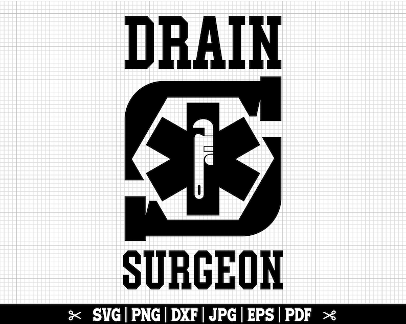 May include: Black and white graphic design with the text "DRAIN SURGEON" and a stylized medical symbol with a wrench in the center.