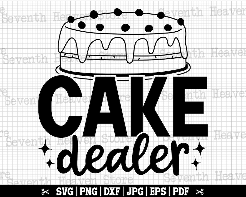 May include: Black and white graphic design of a cake with the text "CAKE dealer" below it.