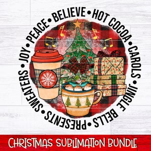 PNG di Natale / Design sublimato natalizio / Stampa camicia natalizia / Sublimazione invernale / Joy Peace Belive Hot Cocoa Carols Jingle Bells