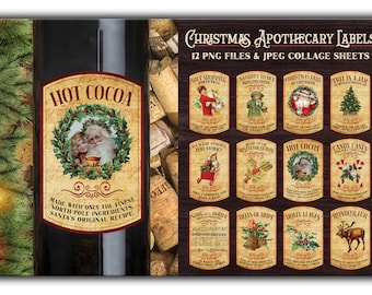 Può includere: Dodici etichette di farmacia natalizia in stile vintage con illustrazioni e testo. Le etichette presentano temi come "Cioccolata calda", "Bastoncini di zucchero", "Albero in un barattolo" e "Bravo o cattivo".