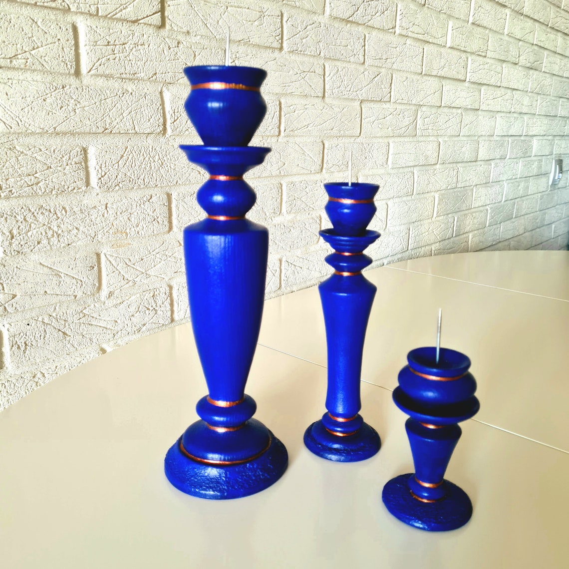 Blue candle holder set Fireplace mantel decor Etsy