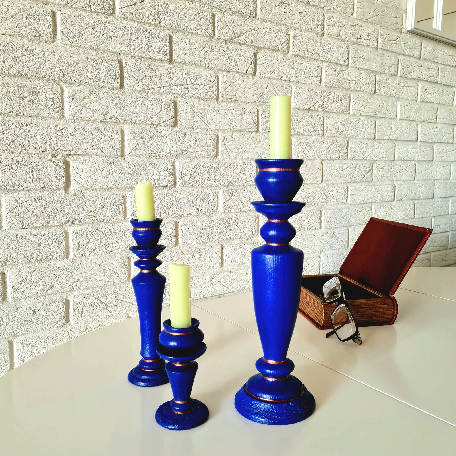 Blue candle holder set Fireplace mantel decor Etsy