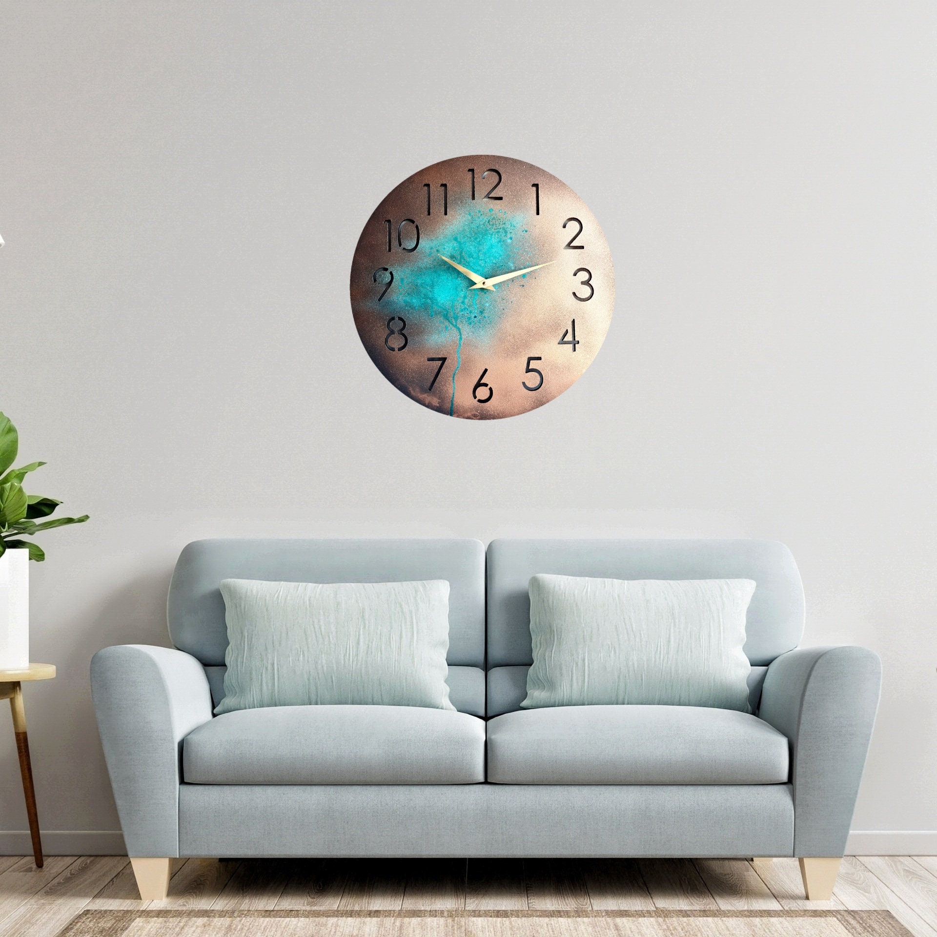 Large Copper Wall Clock Hand Painted Wall Clock Unique Teal Etsy