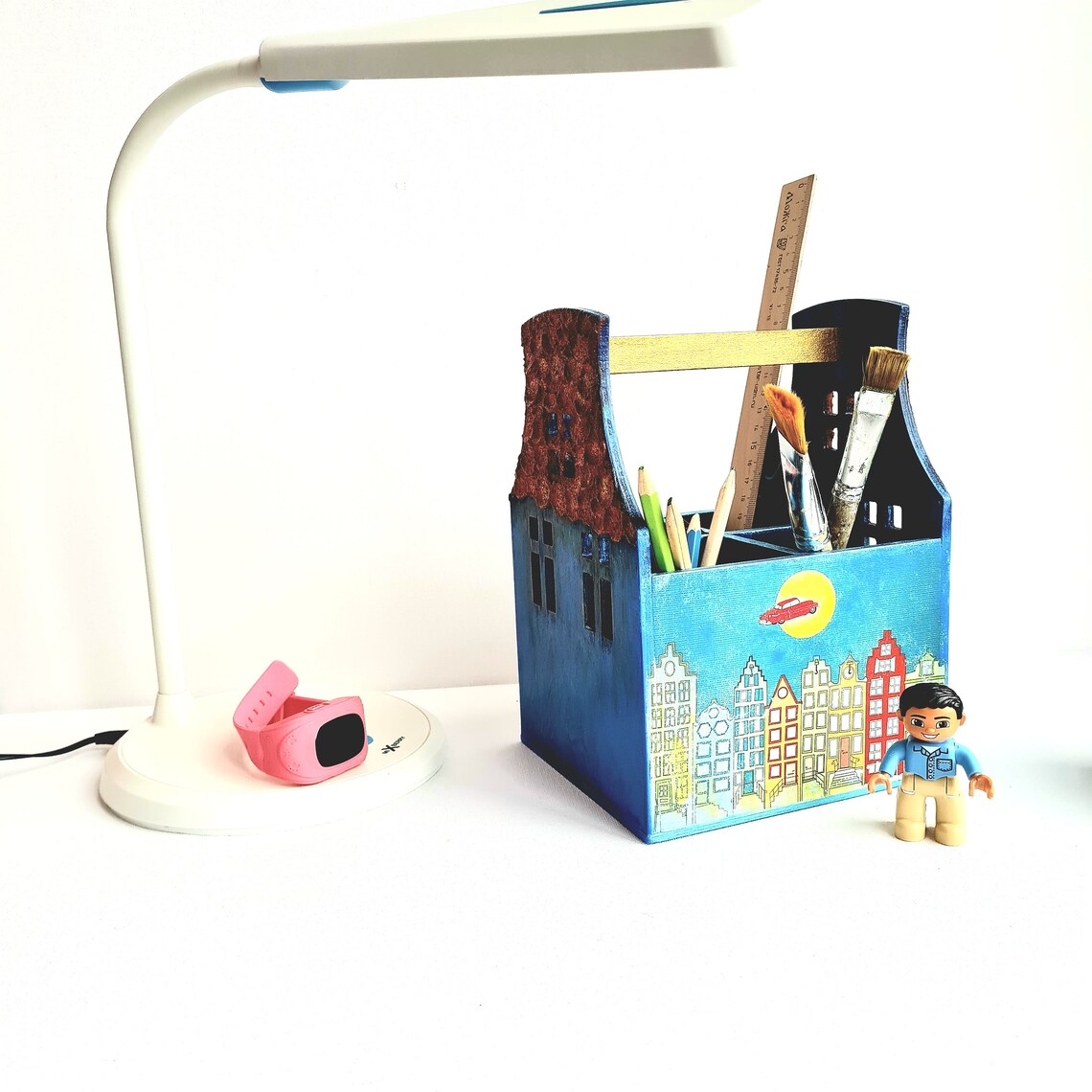 Wood Pencil Holder Kids Desk Blue Organizer House Warming Etsy