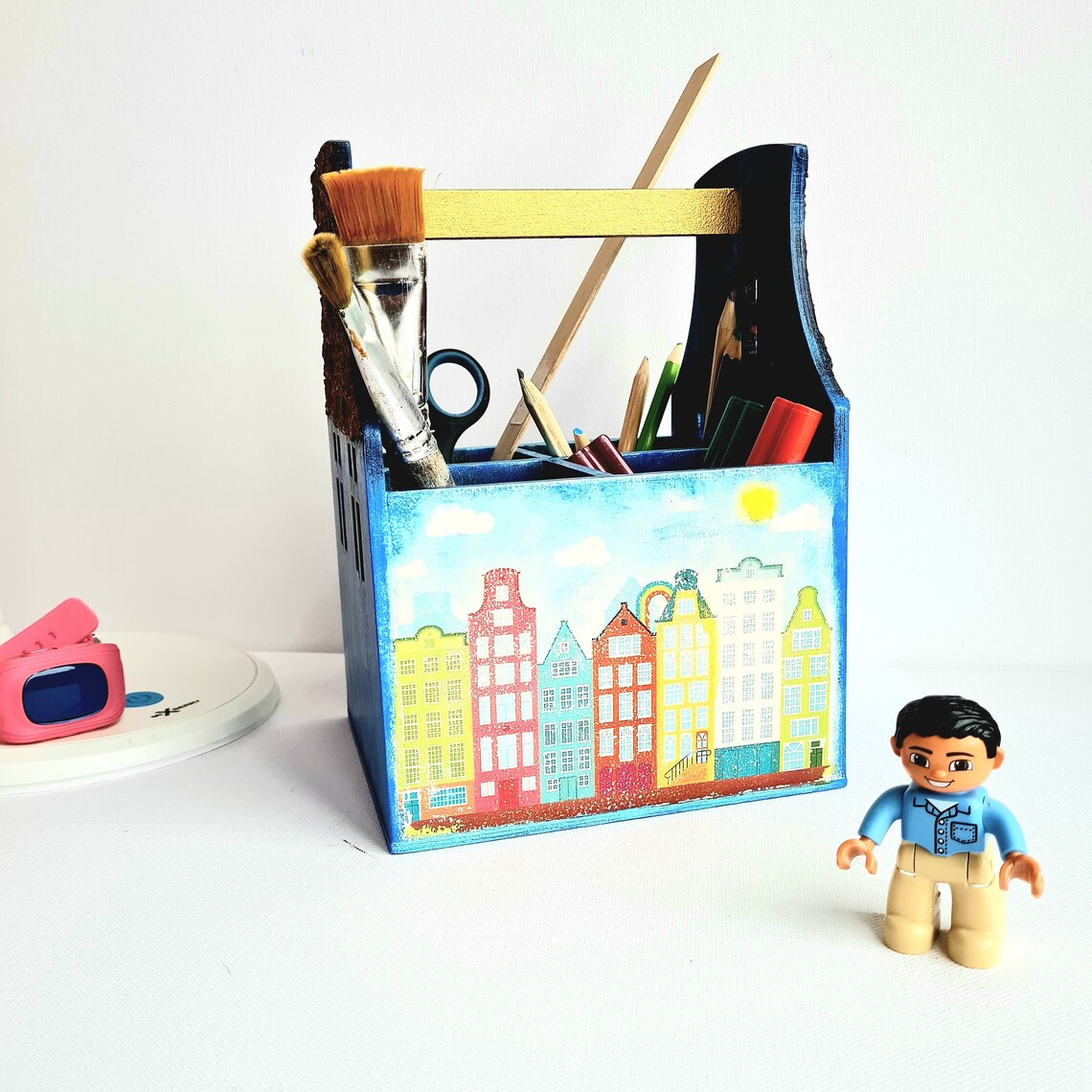 Wood Pencil Holder Kids Desk Blue Organizer House Warming Etsy
